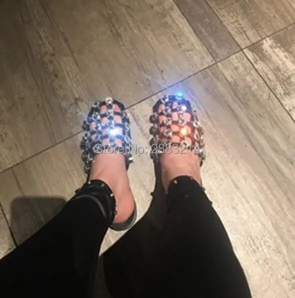 

Cheap Sale Crystal Woman Leather Slides Shoes Outdoor Casual Summer Stylish Slip-on Caged Lady Slippers Sandals Shoes Flats