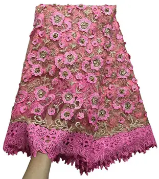 

High Quality beaded French Lace Fabric Embroidered Pink Color french tulle Rhinestones lace fabrics For Wedding dress YE-002