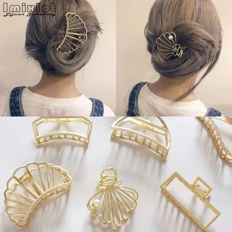 

Women Geometric Hair Claw Solid Color Hair Crab Retro Moon Shape Pearl Hair Clips Make UP Hair Accessories Large Size Hairpin