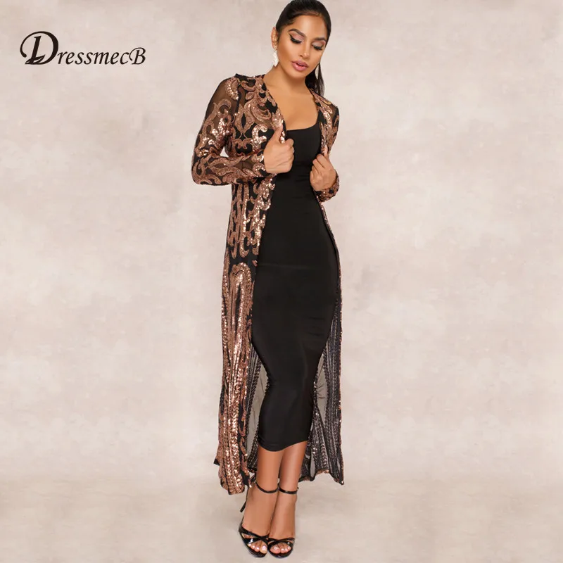 

DRESSMECB Womens Shiny Sequined Jacket Sexy Long Sleeve Open Stitch Loose Causal Top Female Winter Autumn Mesh Party Club Coat