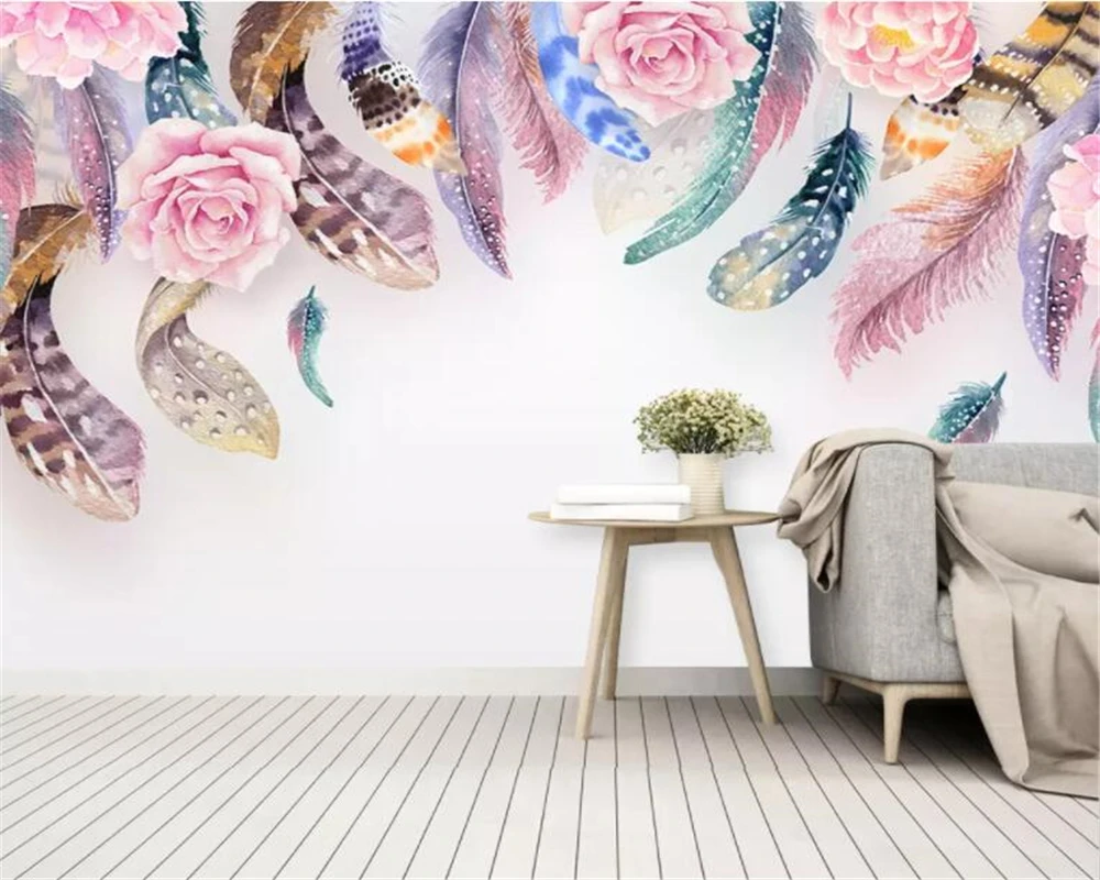

beibehang Customized children's room decoration 3d wallpaper mural Small fresh watercolor feather floral 3d wallpaper behang