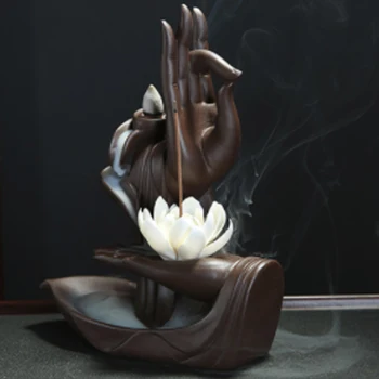 

Incense Burner Purple Clay Buddha Hand Backflow Incense Burner Lotus Incense Burner Creative Decor With 10Pcs Incense Cones