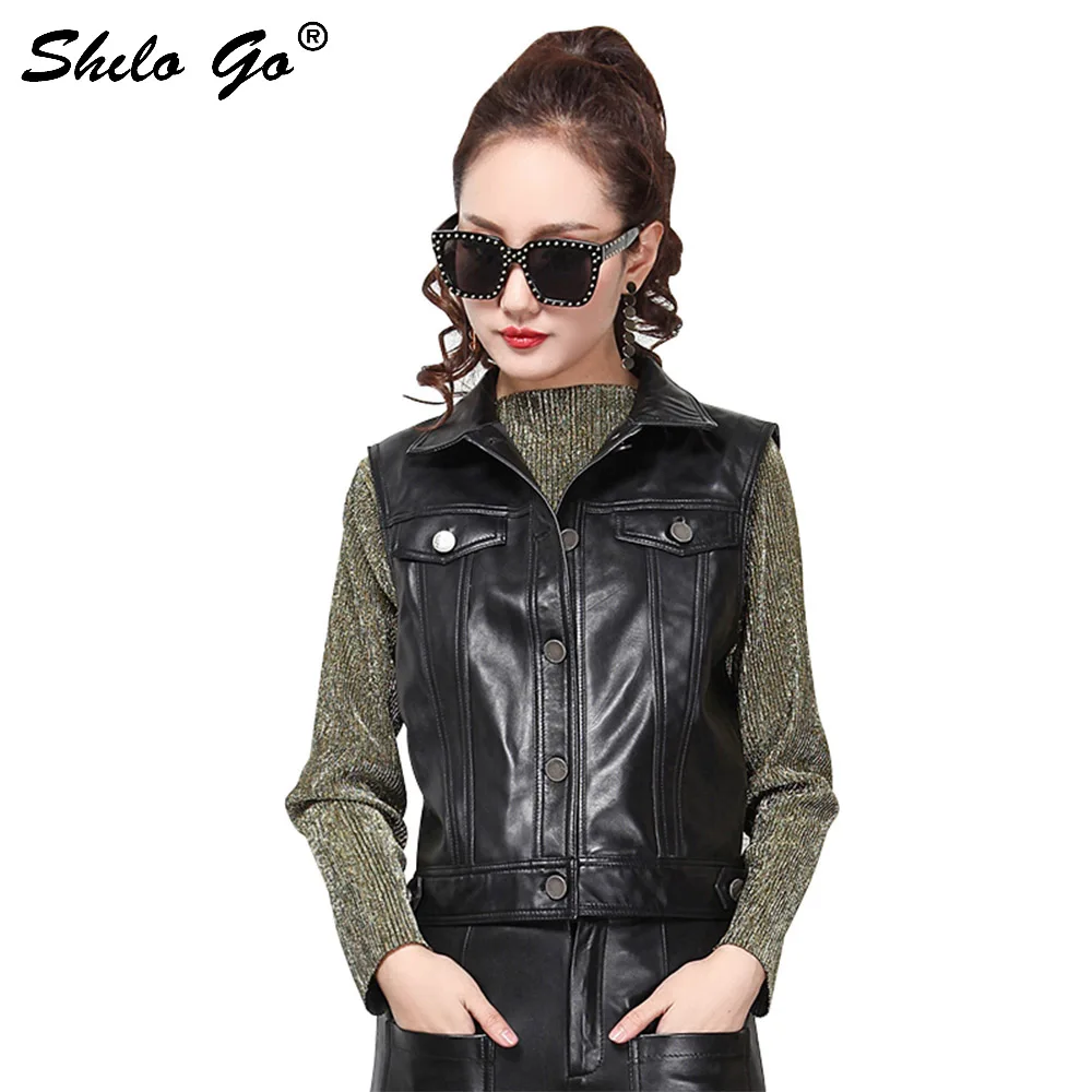 

SHILO GO Leather Vest Womens Spring Fashion sheepskin genuine leather Vest lapel collar metal single breasted front pocket vest