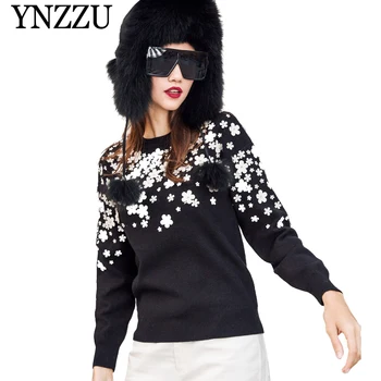 

YNZZU 2019 Autumn Winter flower Women sweater Round neck black long sleeve knitted top Loose warm elegant Pullover sweater YT657