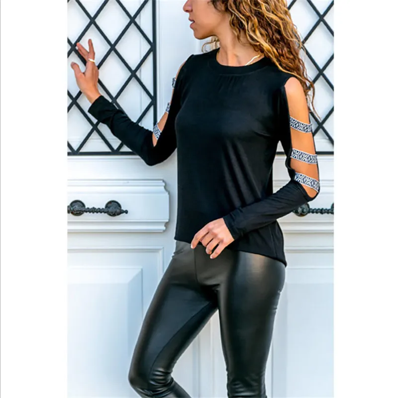 

tops high quality 2019 Summer Hollow Long sleeve Strappy Cold Shoulder T-Shirt Tops Solid summer tops for women