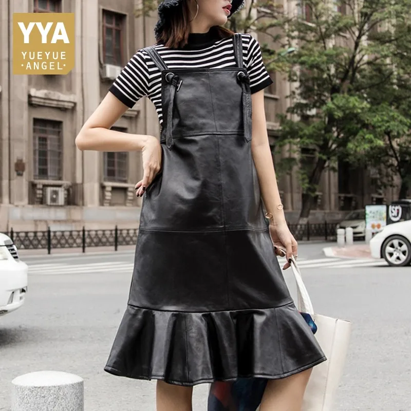 

New Autumn Womens Dress Fashion Genuine Leather Solid Suspender Dress Streetwear Casual Loose Fit Ruffles Dress M-3XL
