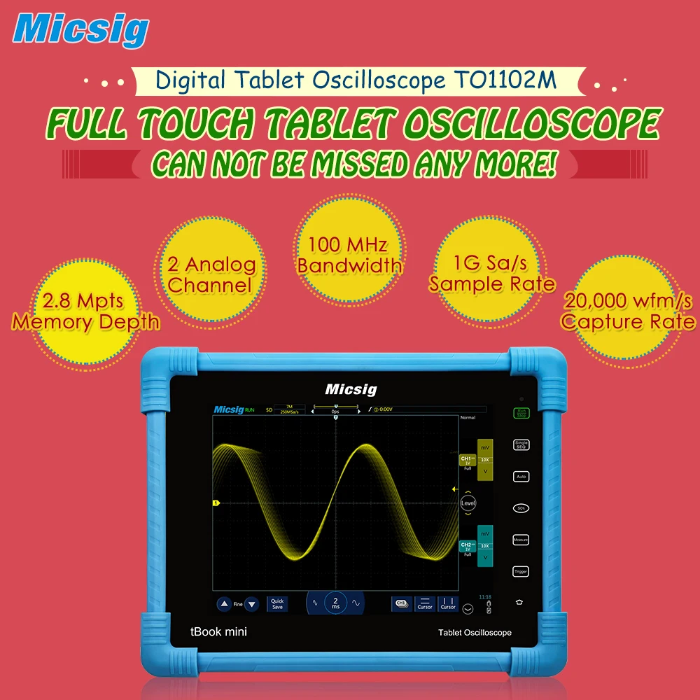 

Digital Tablet Oscilloscope TO1102M 100MHz 2CH 2.8Mpts memory depth touchscreen oscilloscope portable digital oscillograph kit