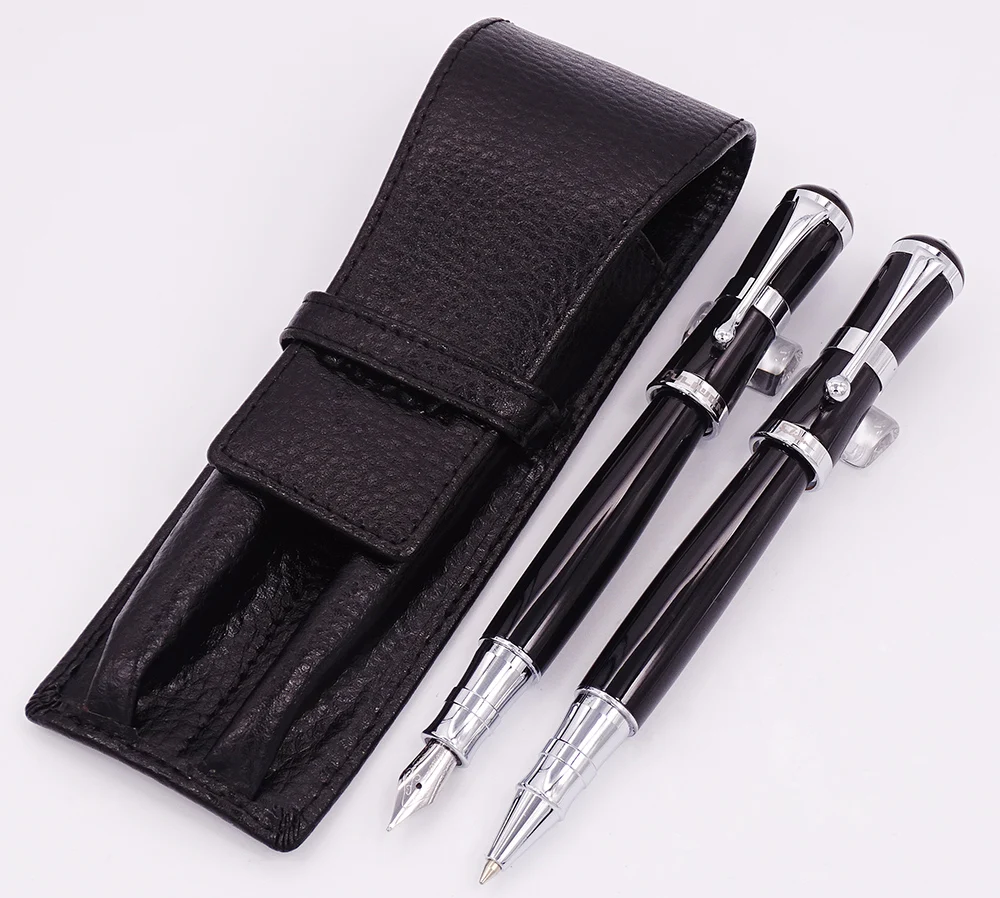 

Fuliwen 2051 Black Metal Fountain Pen & Roller Pen with Real Leather Pencil Case Bag Washed Cowhide Pen Case Holder Writing Set