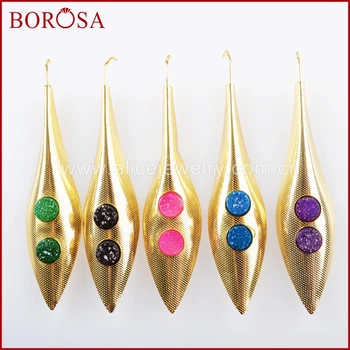 

BOROSA 3/5Pairs New Gold Color Double Round Rainbow Druzy Long Leaf Dangle Earrings, New Design Drusy Drop Earrings ZG0251