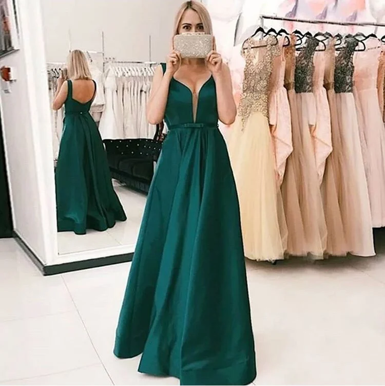 Picture Green Темно-зеленый v-образный вырез длинный выходные платья без рукавов A-Line Vestidos De Формальные платья для выпускного вечера с открытой спиной атласное платье для выпускного вечера - Цвет: Picture Green