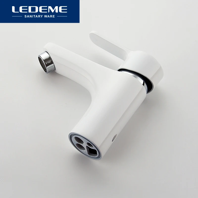 Online LEDEME Innovative Mode Stil Becken Wasserhahn Zu Hause Bad Kalt Und Warmwasser Wasserhähne Weiß Bad Mischer Einzigen Handgriff Waschbecken Wasserhahn