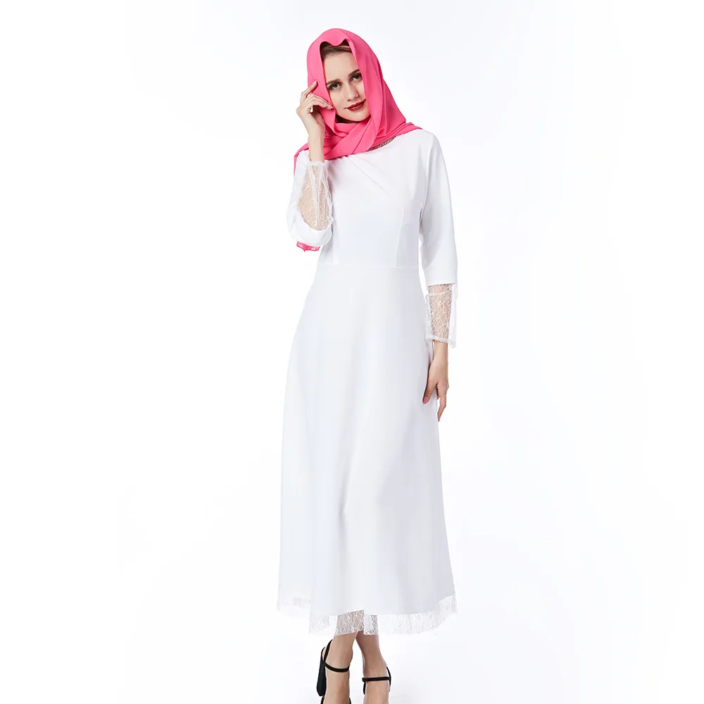 SportsX Women Muslim Abaya Middle East Crew-Neck Longline Lace Dress 