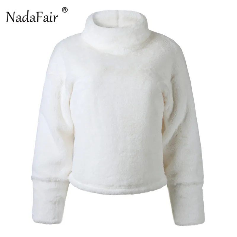 Nadafair/белый плюш, зимний свитер с высоким воротником, Женский Осенний Свободный Повседневный мягкий теплый пушистый женский свитер-пуловер из искусственного меха