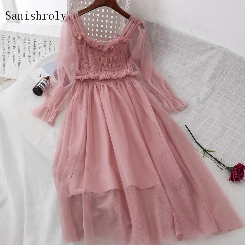 

Sanishroly Two Pieces Spring Autumn Ruffles Lace Dress Women Long Pleated Dresses Female Long Sleeve Mesh Dress Vestidos SE685