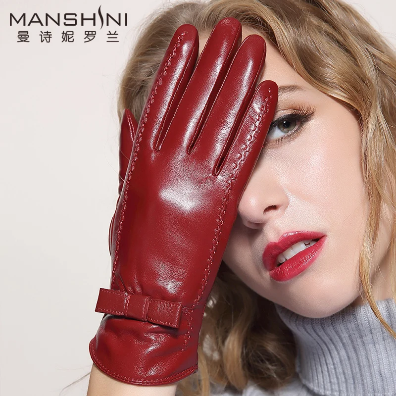 

Genuine leather gloves women's fashion gloves winter add velvet thicken warm telefingers gloves touch screen sheepskin gloves068