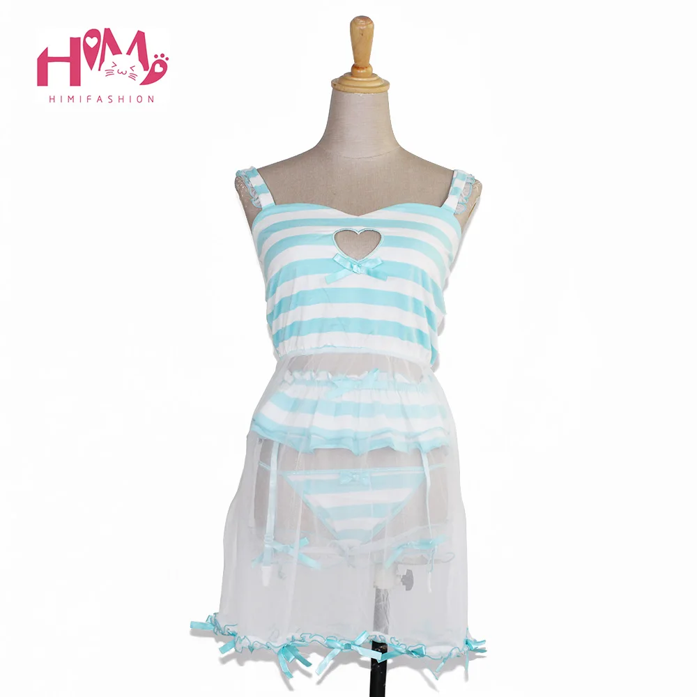 

Cute Love Cut-Out Hollow Out Sexy Ladies Pajamas Pink Modal Dress + Garter Pants + Lace Leg Ring Blue Stripe Homewear Women
