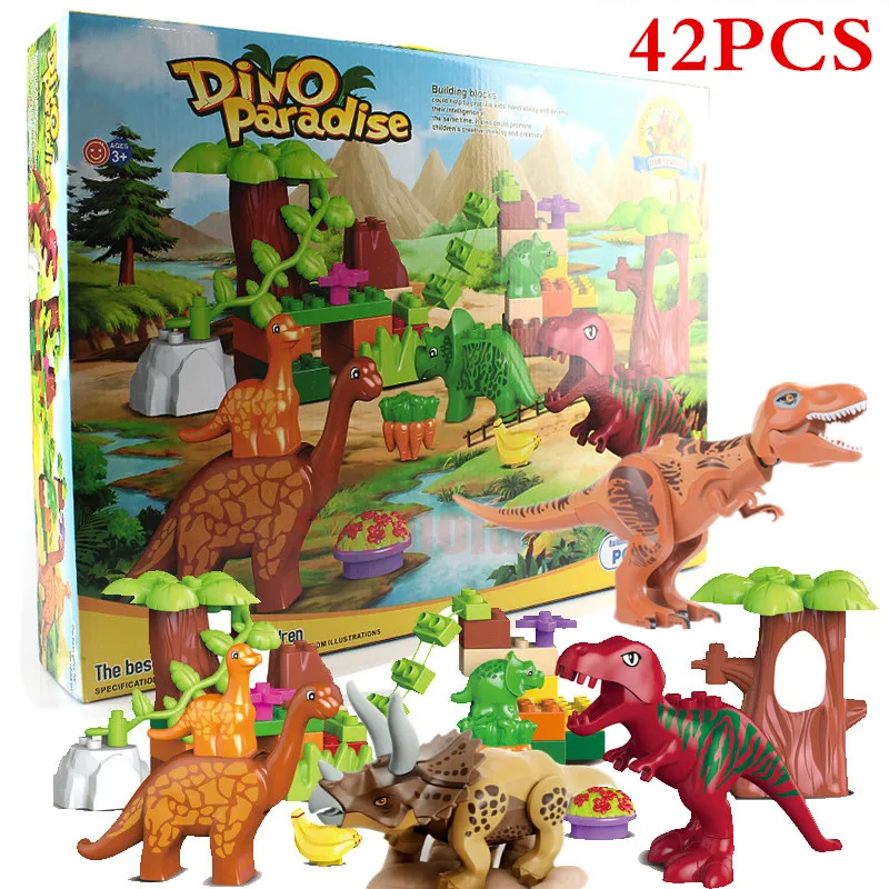 42 шт./лот Парк Юрского периода Динозавр долина строительные блоки наборы большие частицы Duplo Животные Динозавр мир модель игрушки Кирпичи BKX77