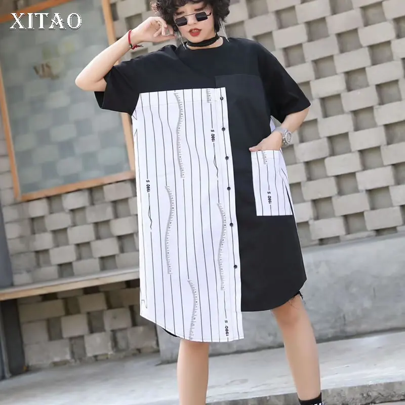 [XITAO] 2019 New Europe Casual Loose Short Sleeve Button Pocket Striped O-neck Fashion Asymmetry Knee-length Dress WBB3261 | Женская
