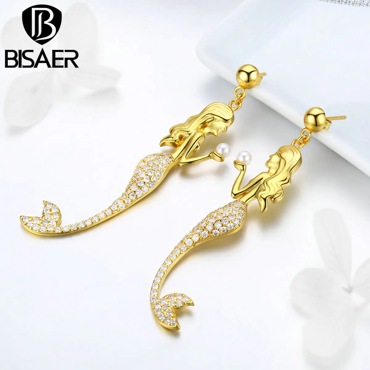 

BISAER White Pearl Gold Color Mermaid Long Drop Earrings for Women Dangle Earings Brincos Femme Bijoux HNE118