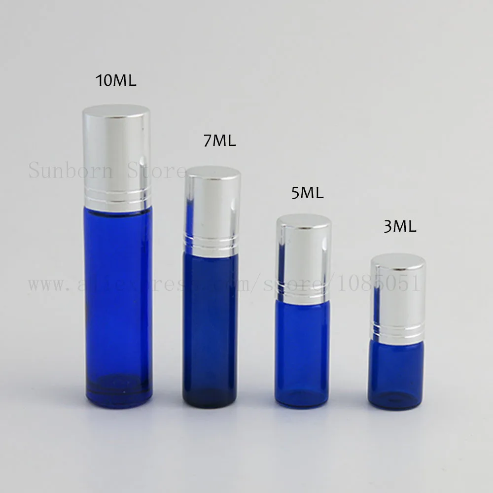 

5pcs 3ml 5ml 7ml 10ml Refillable glass Metal Roll on Bottles matte blue bottle Glass Stainless Steel Roller Ball