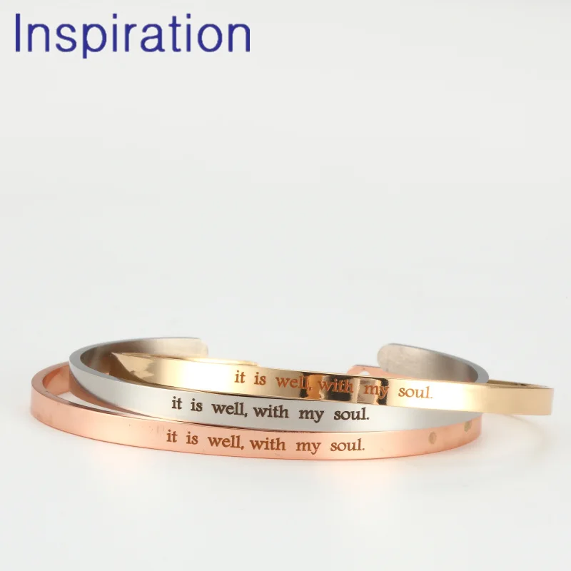 

it is well with my soul 3 Colors Women 4mm Width Engrave Name Stainless Steel Bracelets & Bangles Men Mantra Bracelet