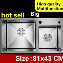 Квартира Многоцелевой Кухня ручная раковина двойной паз высокой емкости прочный 304 нержавеющая сталь большой 81x43 см