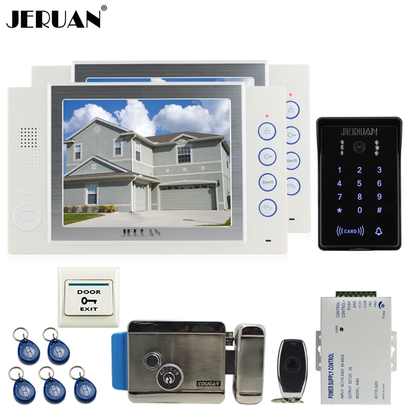 JERUAN 8`` video doorphone Record intercom system kit 2 monitor New RFID waterproof Touch Key password keypad Camera 8G SD Card