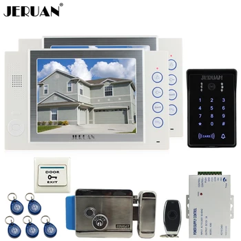 

JERUAN 8`` video doorphone Record intercom system kit 2 monitor New RFID waterproof Touch Key password keypad Camera 8G SD Card
