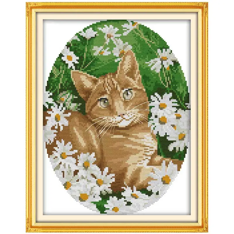 

Handmade 11CT printed 14CT Cat in the Flowers Painting Counted Cross Stitch animals Cross Stitch Set Embroidery Kits Needlework