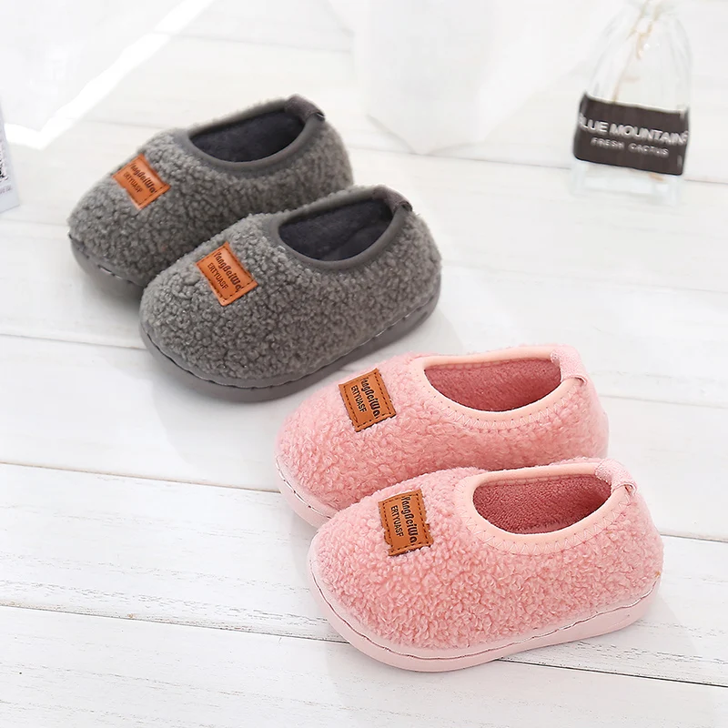 

autumn winter baby shoes letters boys girls teddy velvet cotton slippers tpr non-slip soles cover heel warm kids slippers