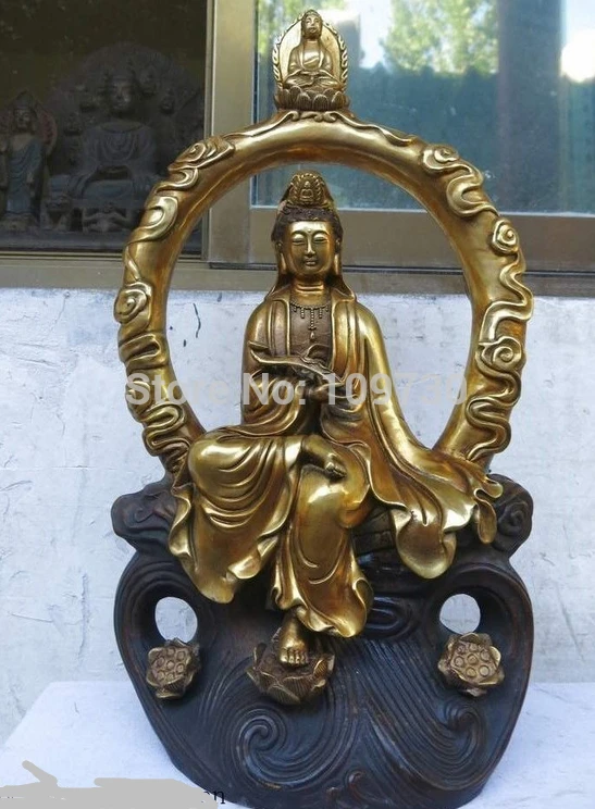 

bir 001781 19" China bronze gild carved buddha lotus seedpod Kwan-yin Bodhisattva statue