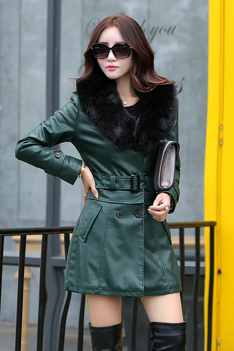 Кожаное пальто для женщин, стиль, приталенный дизайн, женская кожаная куртка с меховым воротником, женское замшевое пальто размера плюс