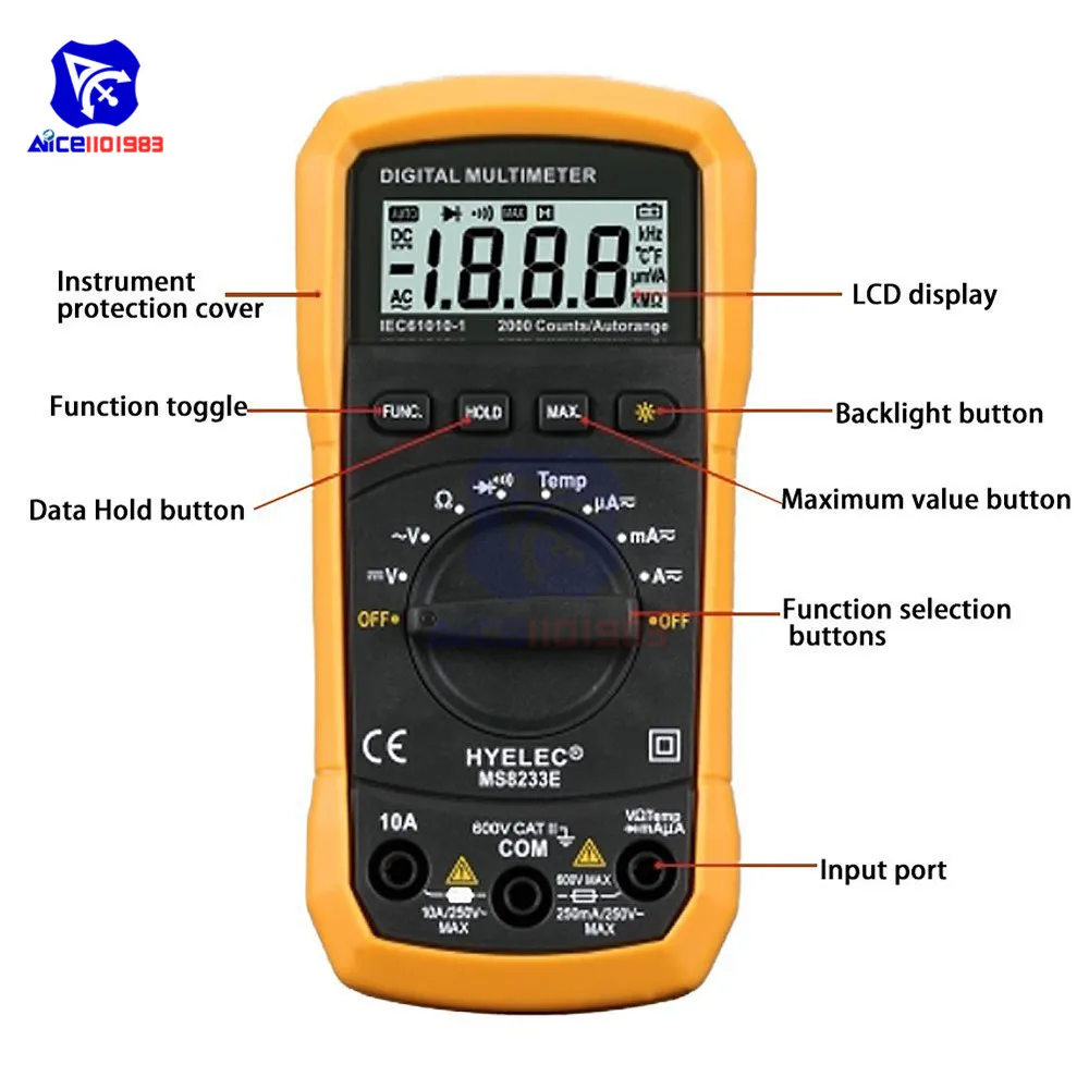 MS8233E Автоматический диапазон ЖК-цифровой мультиметр AC DC Ток Напряжение диод температура резистор ом тестер Вольтметр Амперметр детектор