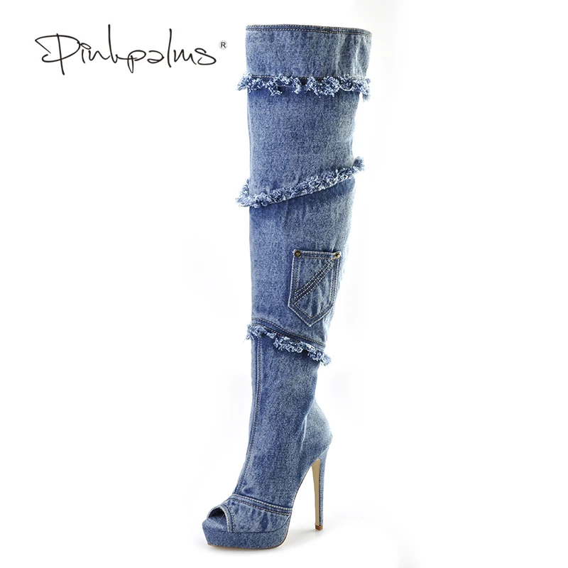 Pink Palms font b women b font summer shoes blue denim high heels over knee high