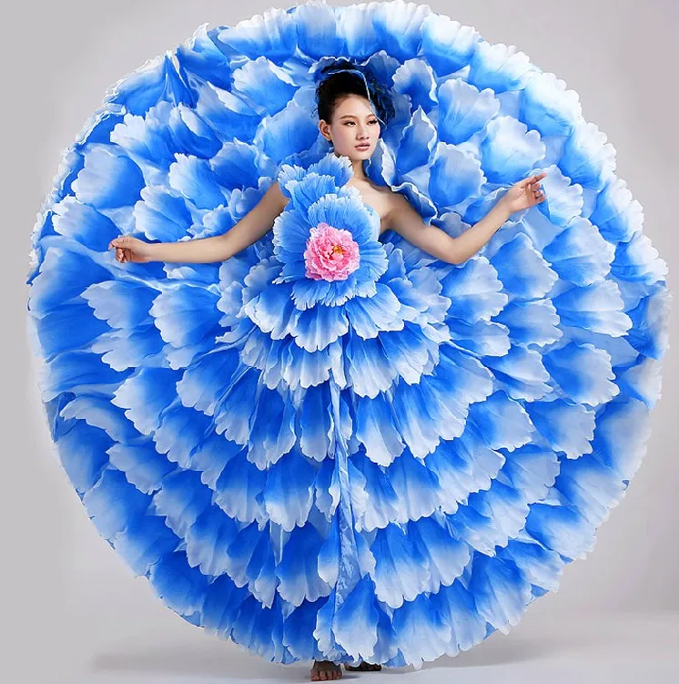 

Free ship full flower petals pink/green/blue/yellow single shoulder dance dress/stage performance dress/belle/ballroom