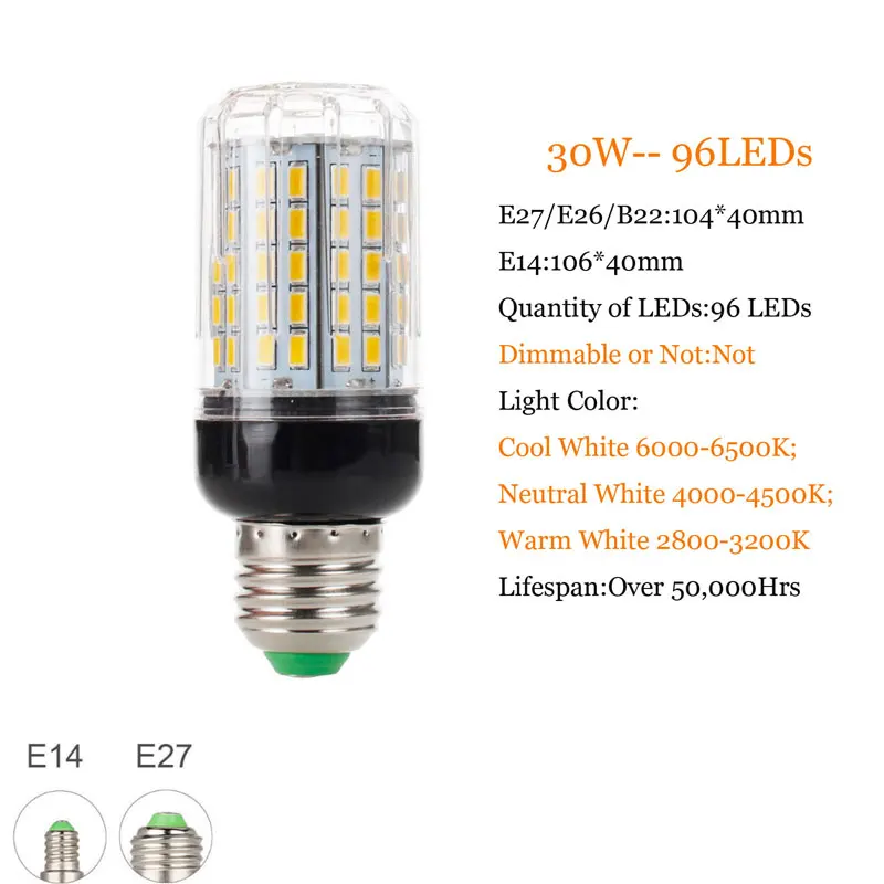 Полностью новая светодиодная лампа E27 E14 7 Вт 9 12 15 18 20 25 28 30 35 SMD 5730 лампочка кукуруза
