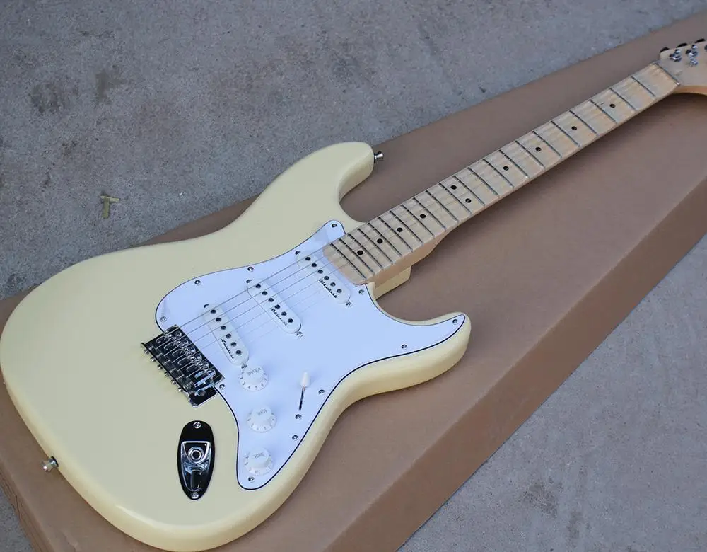 2018 Factory Custom Milk Yellow Electric Guitar with Brass Nut Scalloped Maple Neck Big Headstock 3 S Pickups Lisa Music | Спорт и