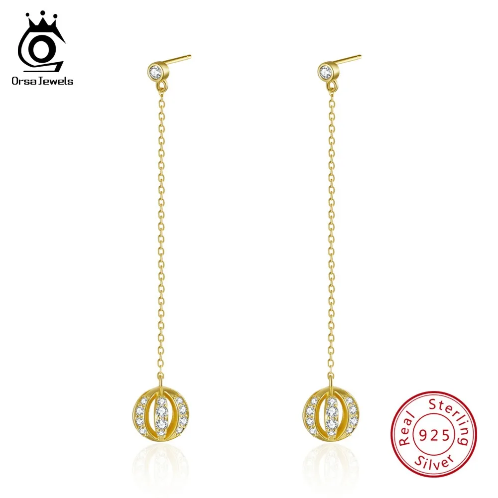 

ORSA JEWELS Real 925 Sterling Silver Women Drop Earrings Long Chain With Hollowed Shell Pattern AAA CZ Gold-color Jewelry SE95