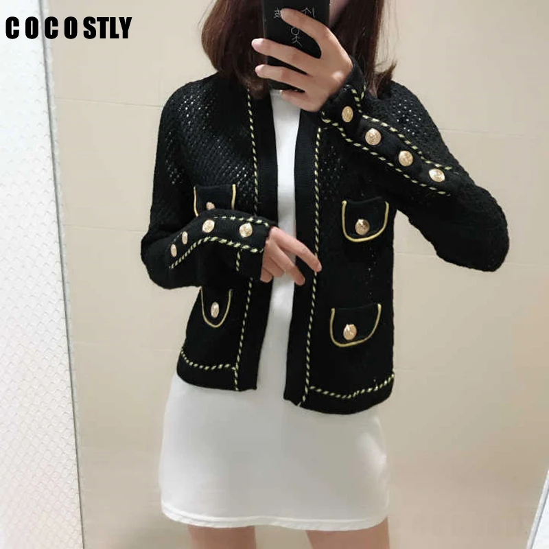 autumn elegant round neck sweater cardigans women hollow out black short slim Pockets sweater coat outwear pull femme