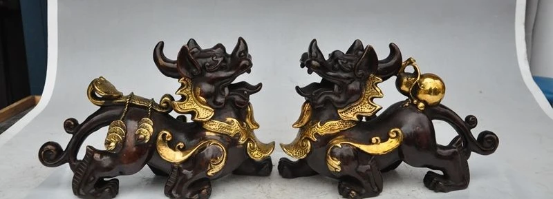 

9" china fengshui bronze gilt wealth money coin Kirin Pixiu Unicorn beast Statue