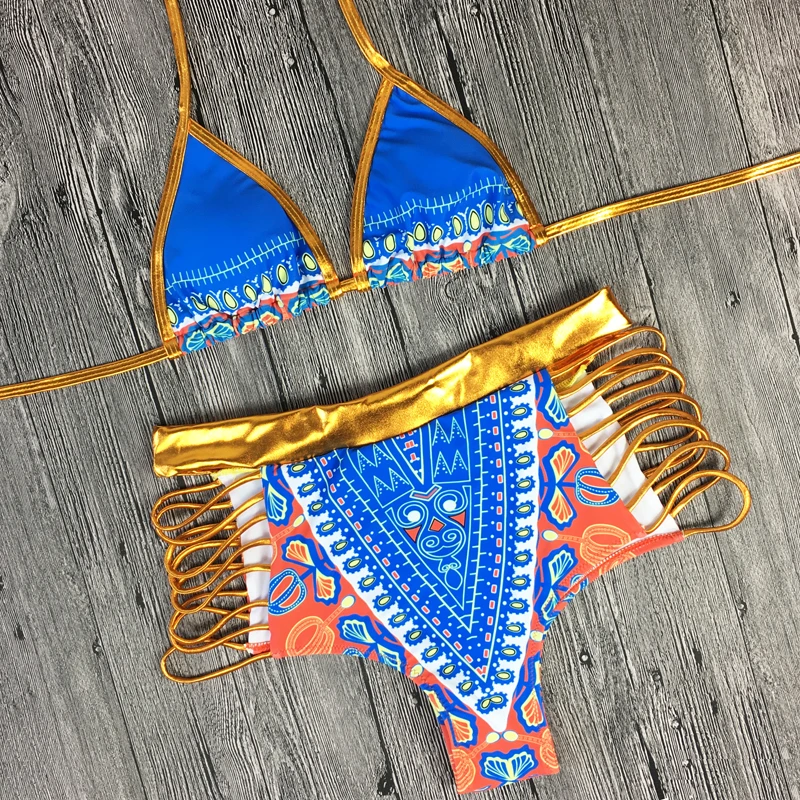 South African Golden Halter High Waist Two Pieces Bikini Set