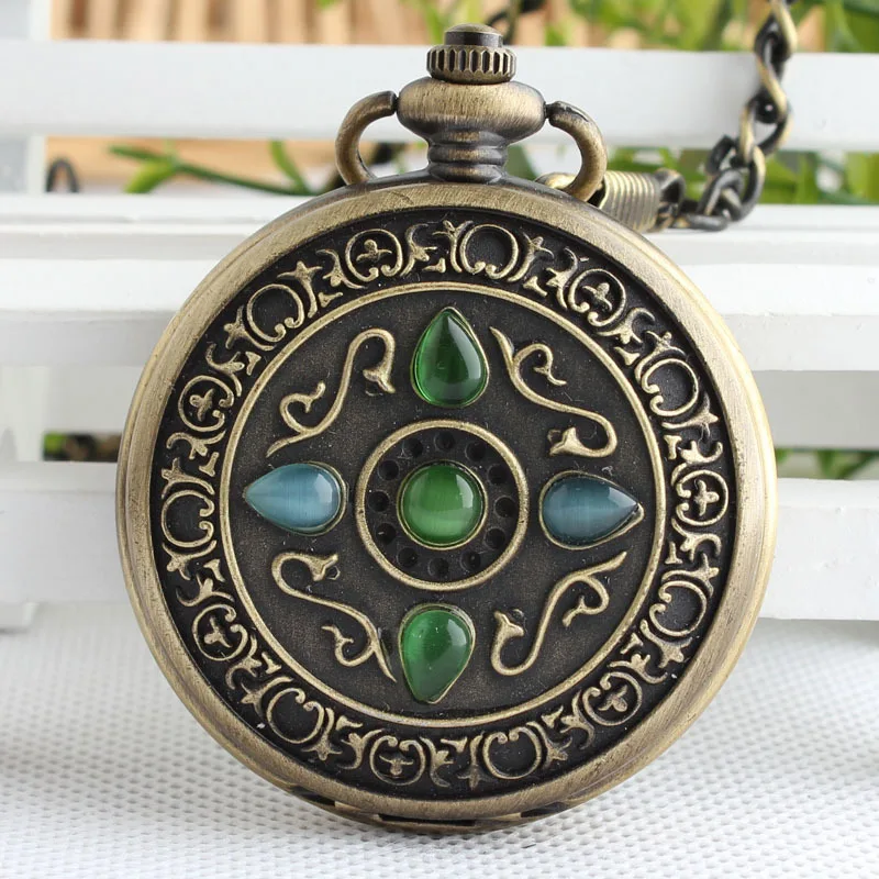 Luxury jade Skeleton Bronze Retro Antique Skeleton Mechanical Pocket Watch Men Chain Necklace Business Pocket TJX026