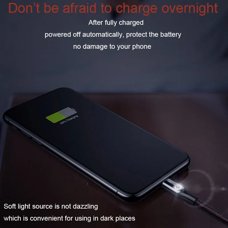 Baseus LED الإضاءة كابل يو اس بي ل فون XS ماكس XR X 8 7 6 6 S زائد SE السيارات قطع 2.4A سريع شحن كابل الشاحن البيانات الحبل