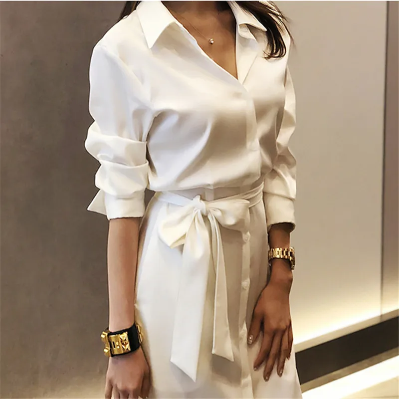 

2019 Summer White Shirts High Split Dress For Women long Sleeve Belted Slim Waist Long Office Ladies Dresses