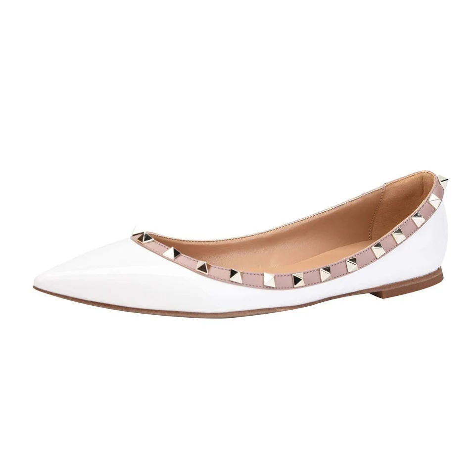 Kmeioo/Женская обувь на плоской подошве с заклепками и острым носком Повседневная обувь на плоской подошве без застежки Летняя женская обувь американский размер 5-15 - Цвет: White