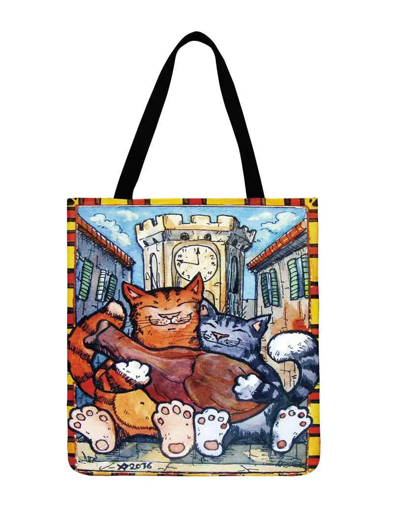 Милая Повседневная Сумка-тоут с рисунком кота, льняная пляжная сумка, мультяшная Сумка-тоут с рисунком мяу для женщин, многоразовая сумка для покупок - Цвет: 18