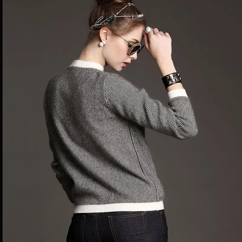 JVEII 2018 new round neck pure cashmere cardigan female thick loose short sweater vertical bar baseball sweater coat jacket Sweaters