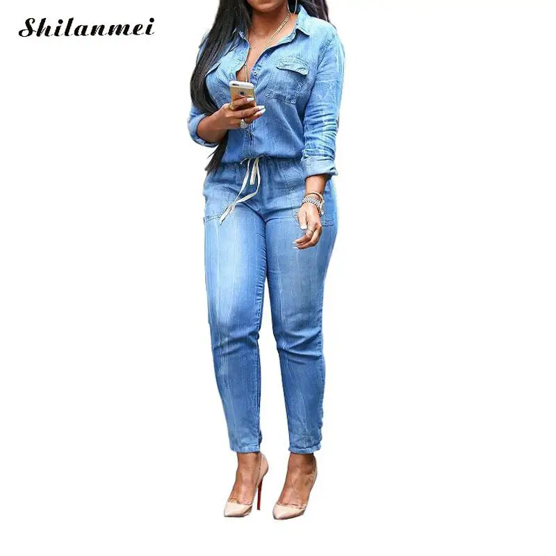 

Fashion Denim Jumpsuits For Women 2018 Plus Size Long Sleeve Female Rompers Blue Ladies Jeans Playsuits Women Overalls S-3XL