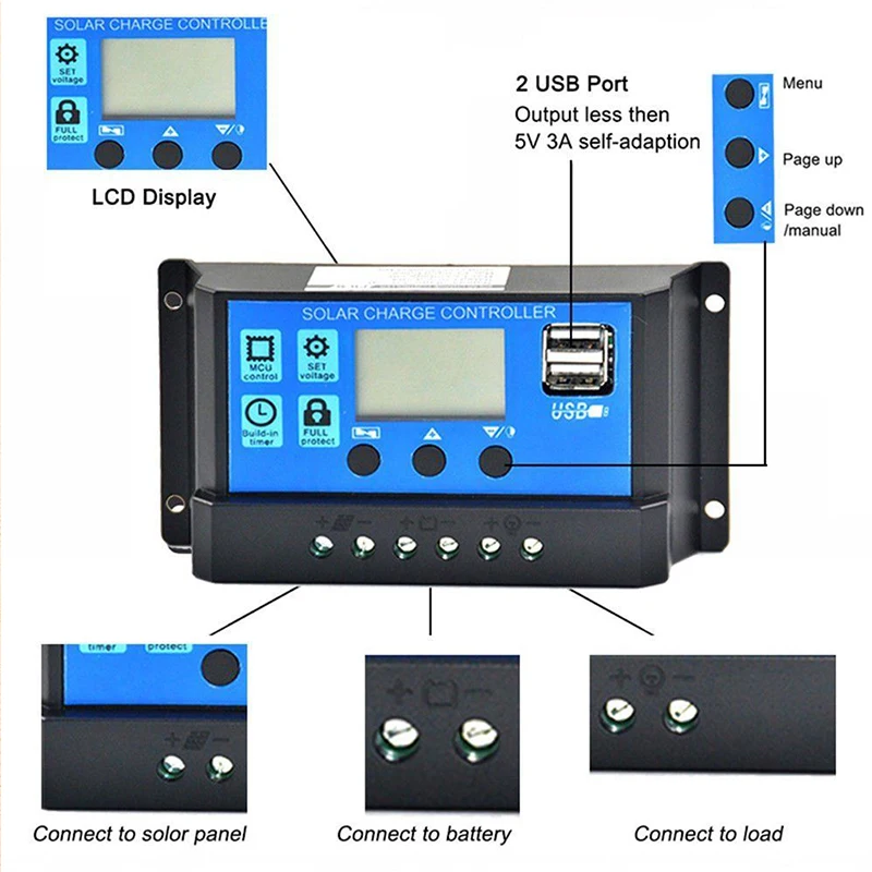 50A 40A 30A 20A 10 ампер 12 В 24 в автоматический контроллер заряда солнечных батарей ШИМ Солнечный фотоэлектрический регулятор жк-дисплей 5 в USB