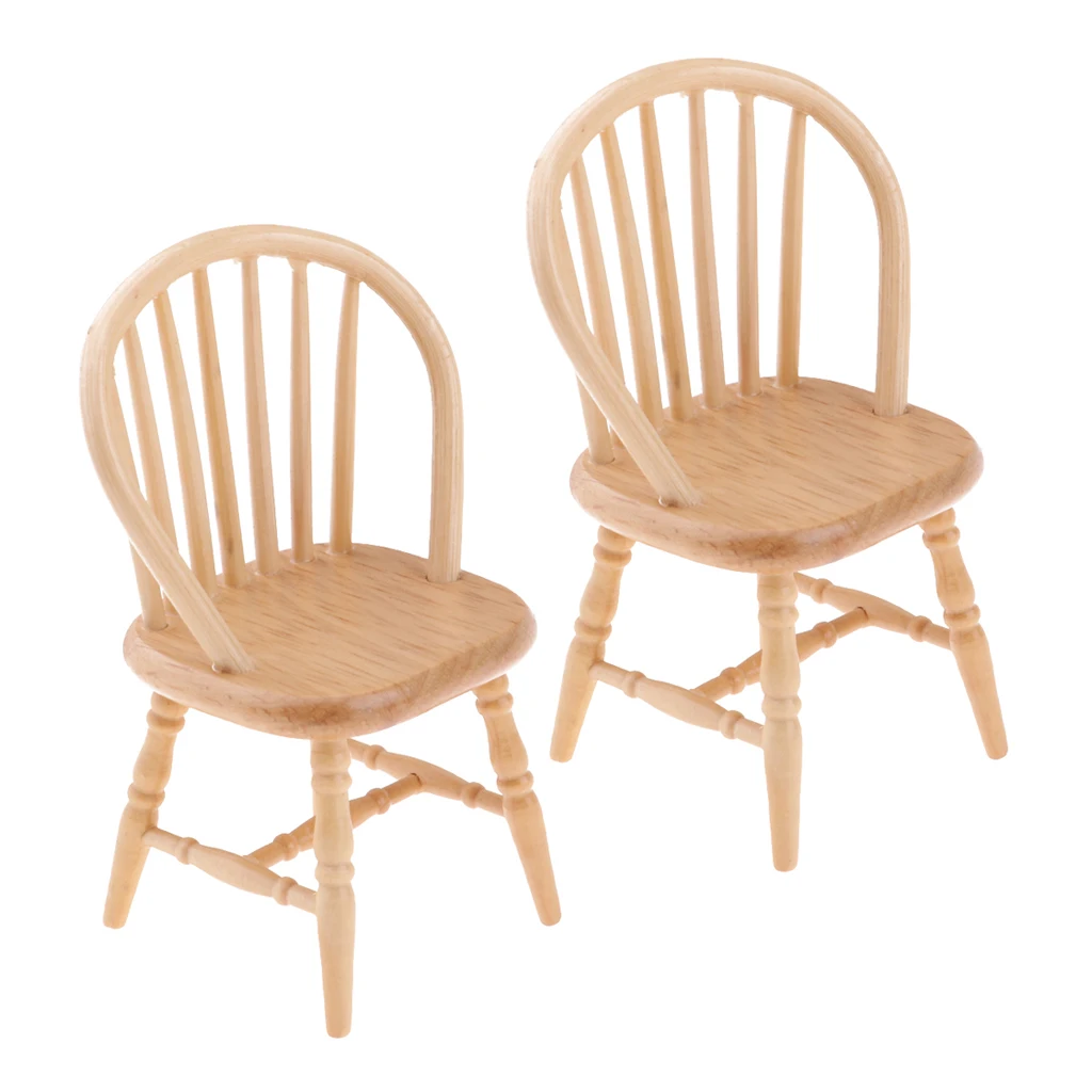 2 Pieces Wooden Chair 12th Dollhouse Miniatures Mini Furniture Doll Dining Room Kitchen Decoration Accessory